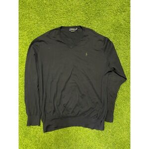 VTG Polo Ralph Lauren Sweater‎ Mens 2XL Black Pony Logo Cotton Slim Fit V Neck